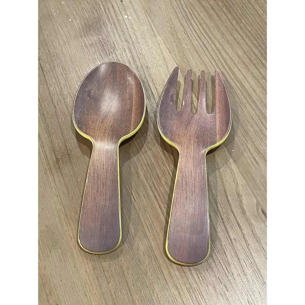 Vintage Salad Servers Decorative Cutlery Yellow Wood Design Spoon Fork Two Piece